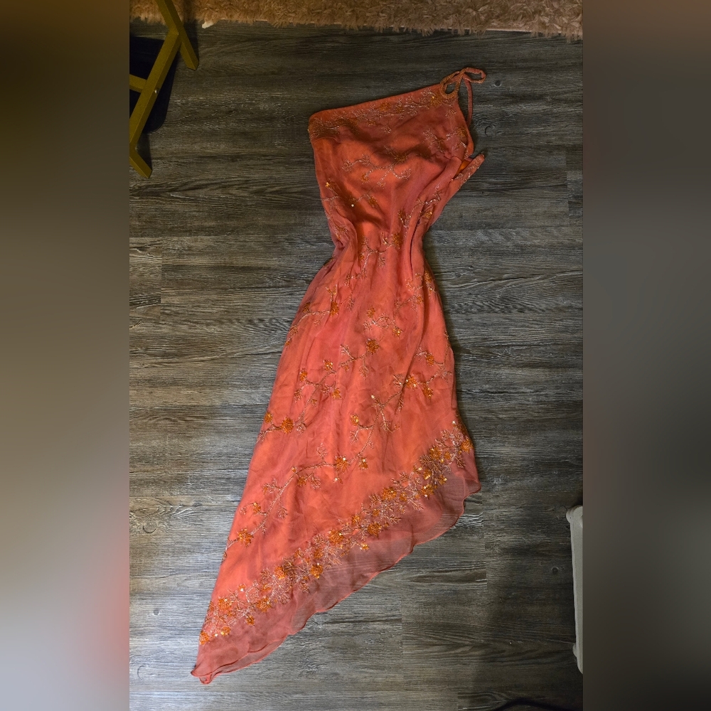 Scala Orange Asymmetrical Embellished Sundress Y2K Sequins